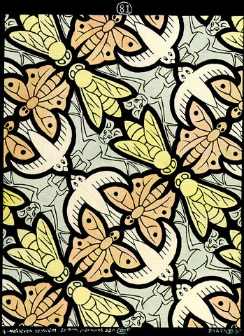 Photo:  '4 motifs' (1950) Flying animal theme Tessellation Art by M. C. Escher